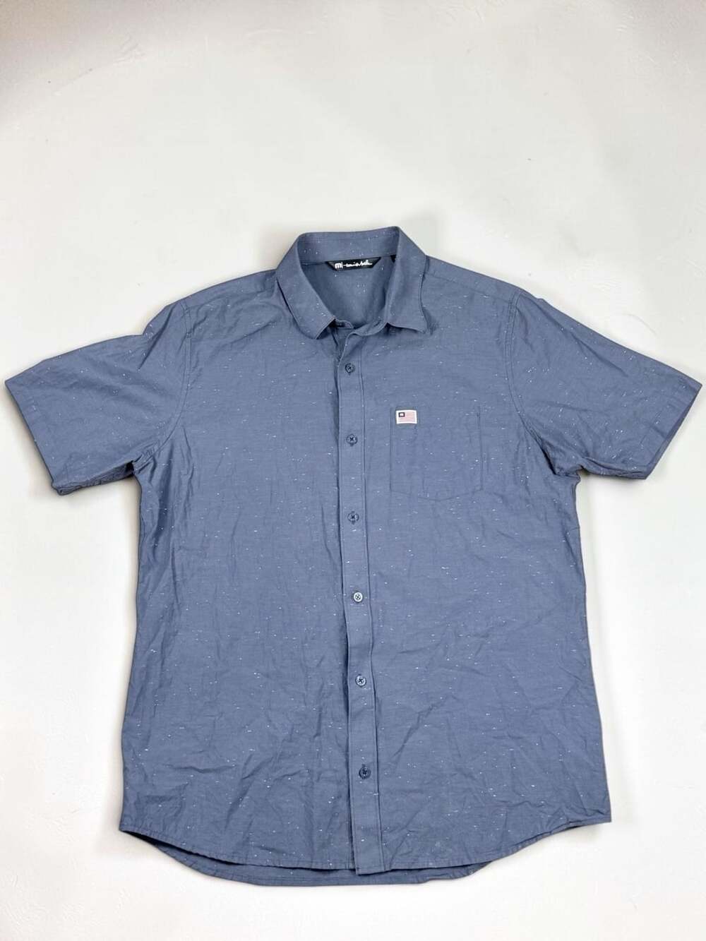 TravisMathew Eagle Pride Button Up Shirt Size Large Blue Speckle Pocket Flag